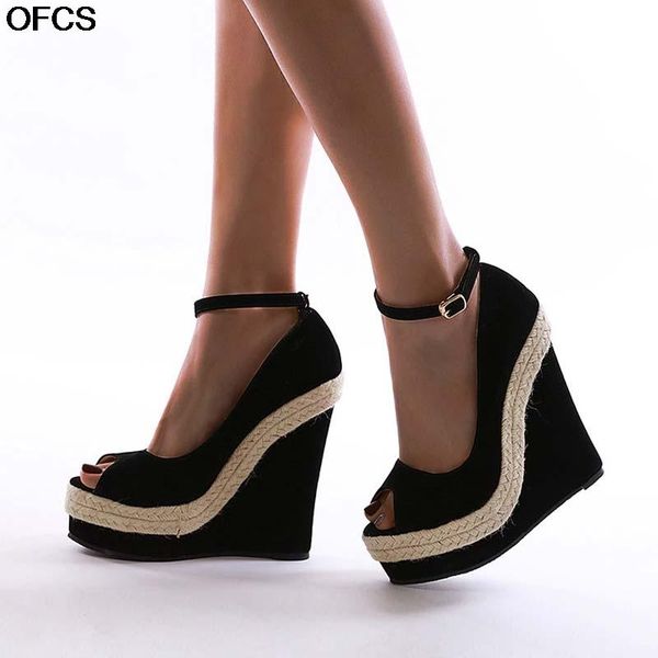 platform wedges 2021 women sandals high heel wedges shoes sandals women summer party ankle-wrap shoes woman, Black